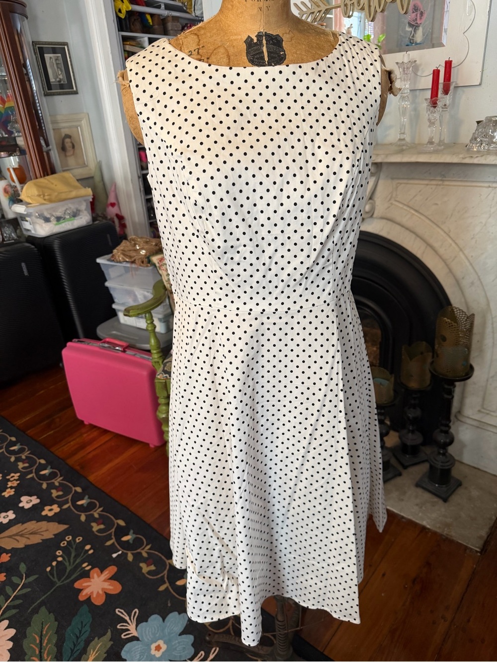 Polka Dot Fit-and-Flare Dress - White with Black Dots